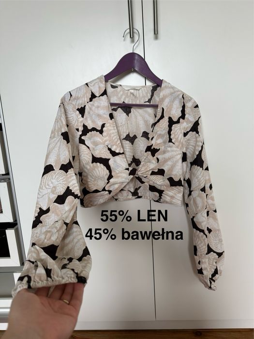 Lniana bluzka H&M S crop top muszle beżowa lato czarna
