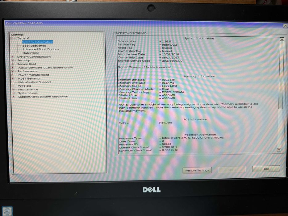 Моноблок Dell Optiplex 3240 22" 1920x1080 i3-6100 RAM 8GB SSD 250 GB