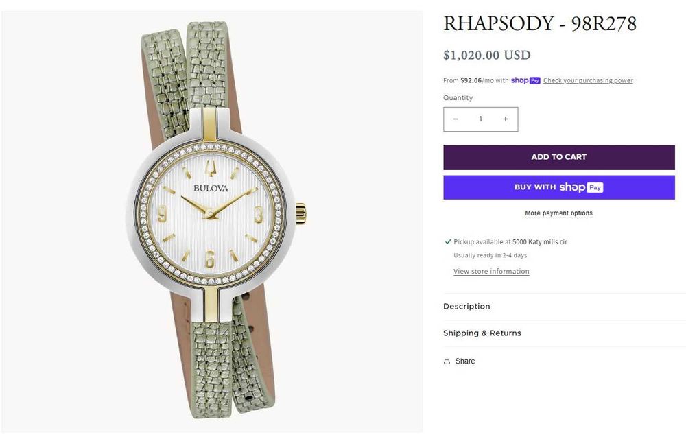 Женские часы 52 бриллианта 0,25 карат Bulova 98R278 Rhapsody РРЦ $1020