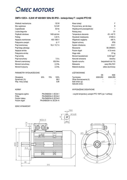 silnik elektryczny 9,2kW 1400obr. 3fazowy 132B5 OMT