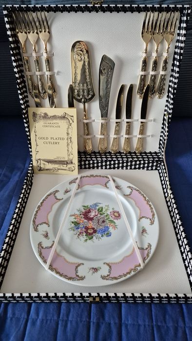 Conjunto de talheres dourados folheados a ouro + prato Limoges, novo