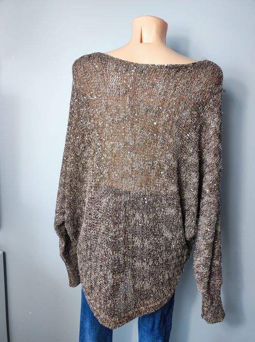 Sweter sweterek oversize brązowy długi rękaw cekiny z cekinami L/XL