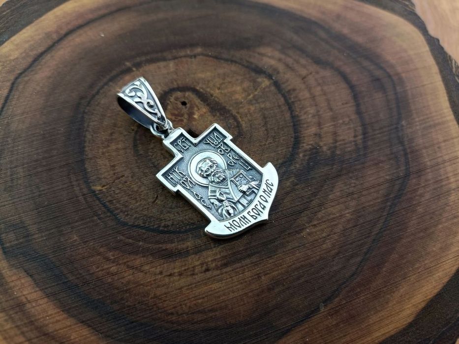 Мужская Серебряная ладанка, подвеска Николай Чудотворец + Распятие