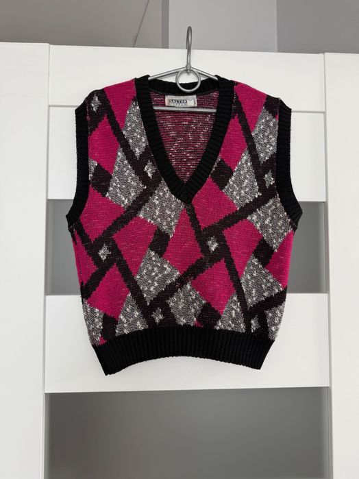 Sweter damski bez rękawów kamizelka różowa czarna vintage bezrękawnik w romby
