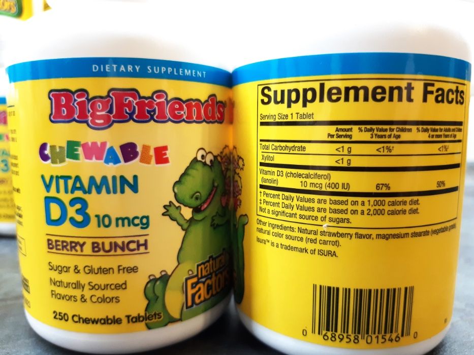 Natural Factors, Big Friends Vitamin D3 400 ME (250 таб.) D3 для детей