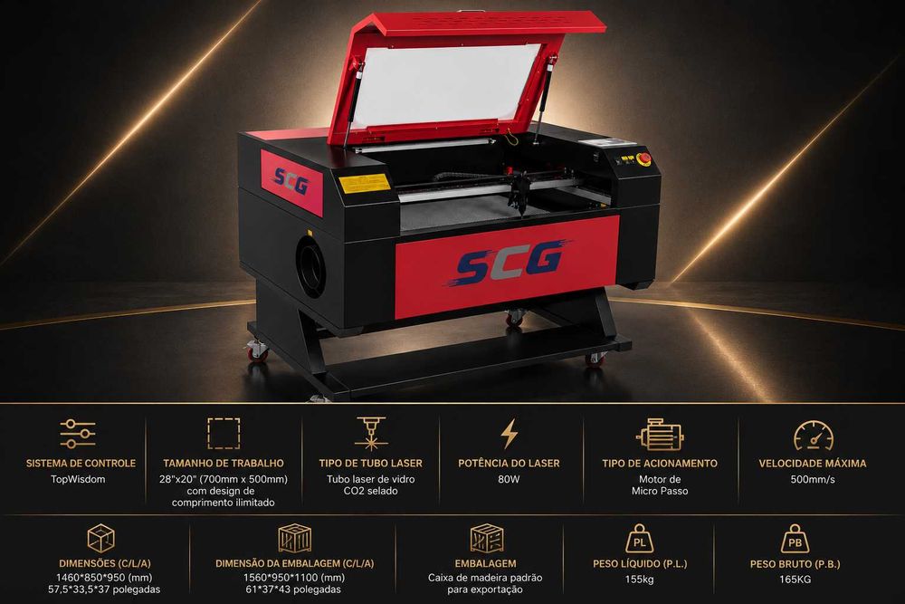 Máquina de Corte e Gravação Laser CO₂ 80W Profissional | Área 700x500mm | SCG