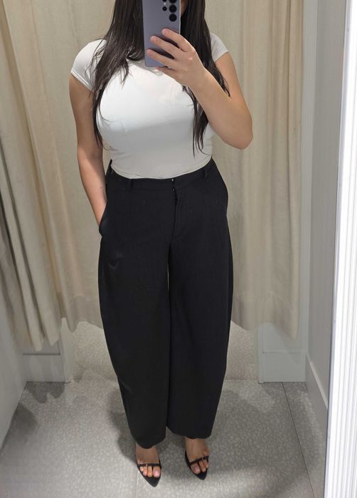 szare eleganckie spodnie balloon od garnitur Zara M 38 52% wełna wool wysoki stan szeroka nogawka