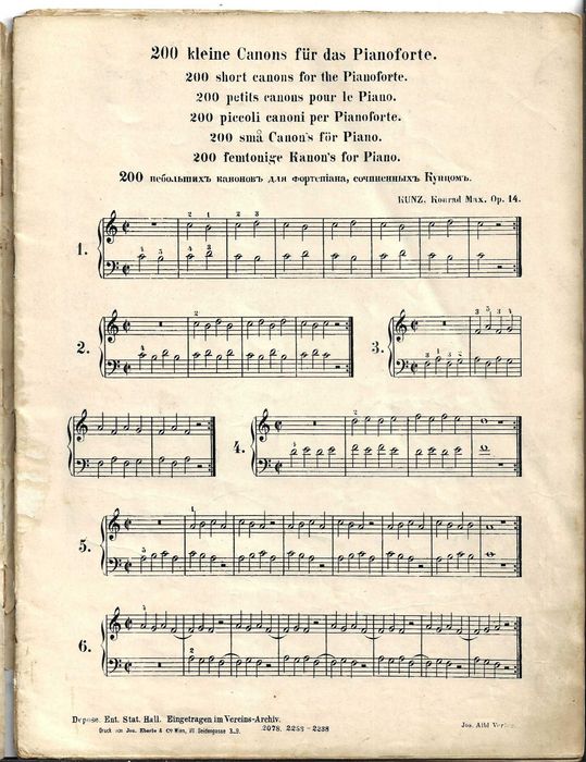 PIANO: Konrad Max Kunz - Partitura "200 Kleine Zweistimmige Kanons" op.14
