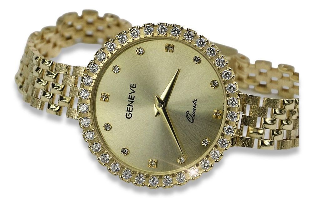 Śliczny 14K złoty damski zegarek Geneve lw105 Okrągły z Kamieniami GD
