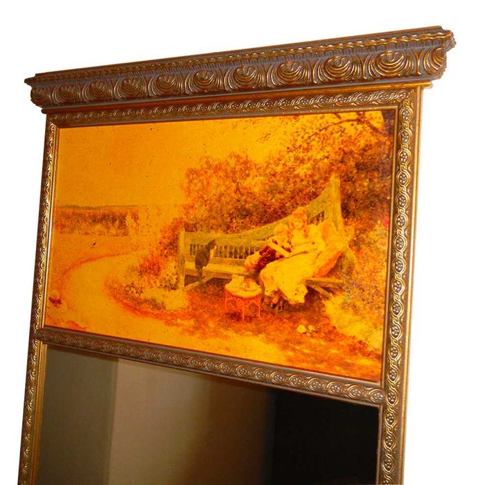 Espelho parede moldura madeira entalhada dourada encimado c/ pintura