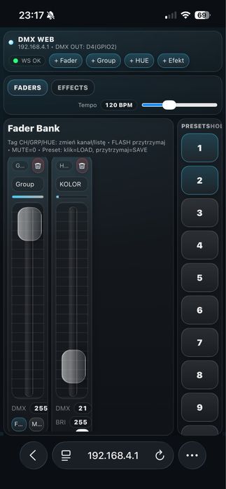Sterowanie światłami przez WiFi DMX + oprogramowanie