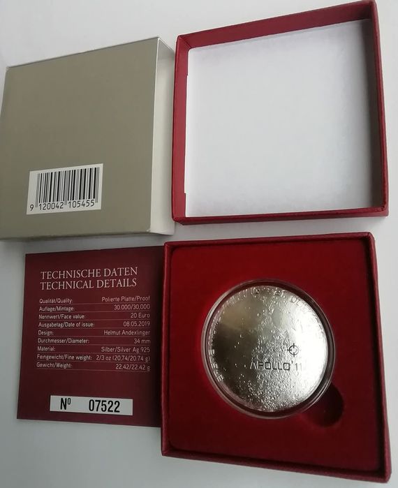 Австрія 20 євро 2019р. СРІБЛО. ПРУФ. Висадка на Місяць. Сертифікат