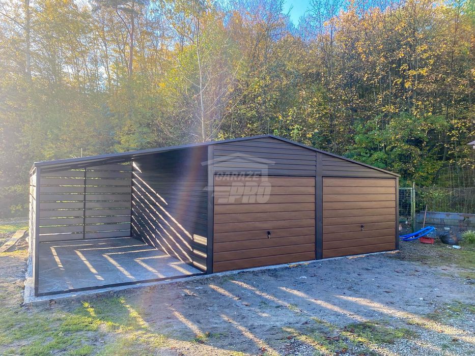 Garaż blaszany 6x6m - wiata 3m - 2x Brama   drewnopodobny GP681