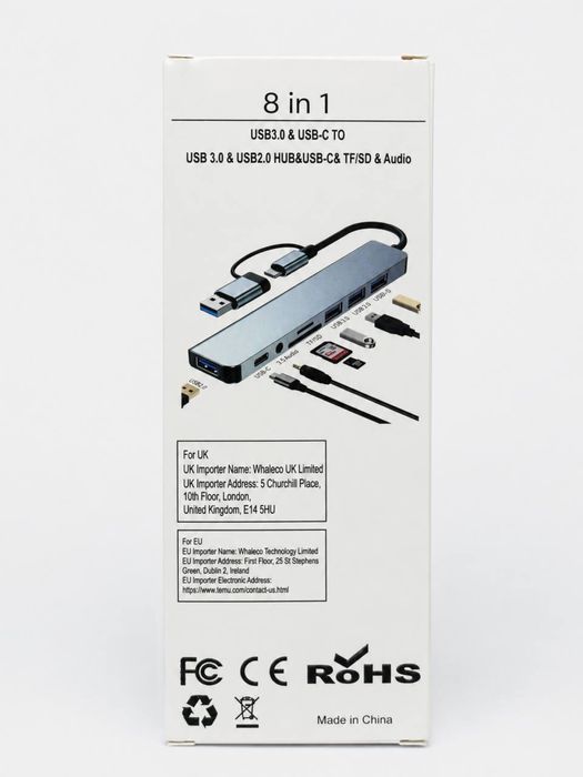 USB-C Hub 8-в-1 | 3×USB | SD | TF | AUX | USB-C | Алюмінієвий корпус