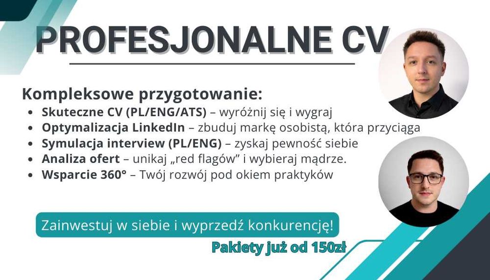 Pisanie profesjonalnych CV (PL/ENG/ATS) | LinkedIn | Przygotowanie do rozmowy o pracę | Cała Polska (Online)