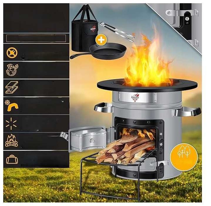 GRILL RAKIETOWY turystyczny z żeliwną paltelnią i torbą transportową