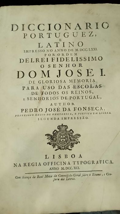 Dicionário Português e Latino 1791 Pedro José da Fonseca