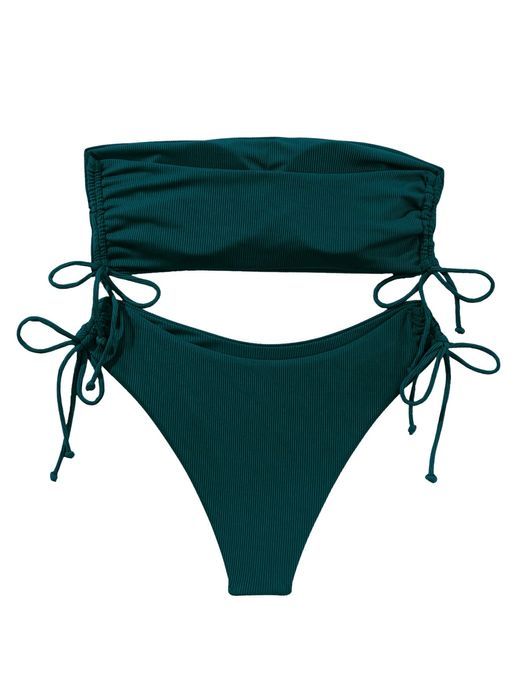 Bikini damskie bandeau - prążkowane, wysoki stan - S zielone