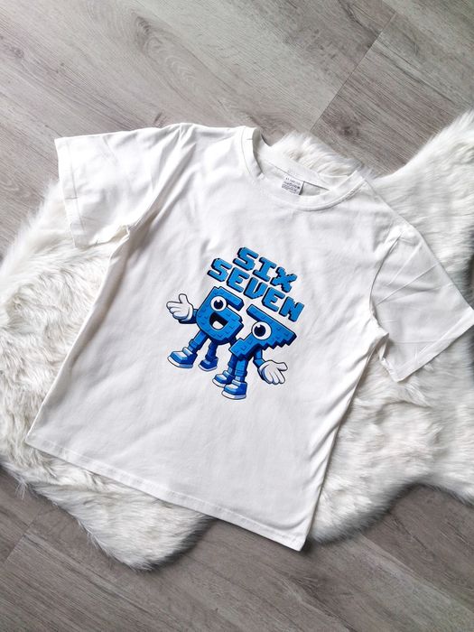 Kremowa viralowa koszulka t-shirt z krótkim rękawem nadruk six seven 67 140/146