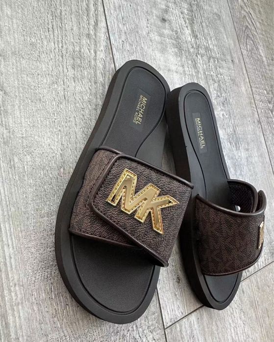 Nowe klapki damskie Michael Kors Palmer brązowy monogram złote logo oryginał 37