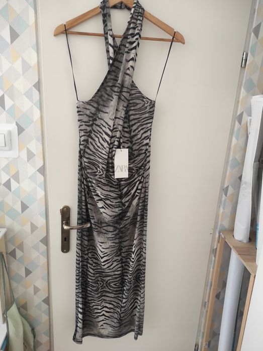 Nowa sukienka Zara maxi M w zwierzęcy wzór tiulowa marszczona drapowan