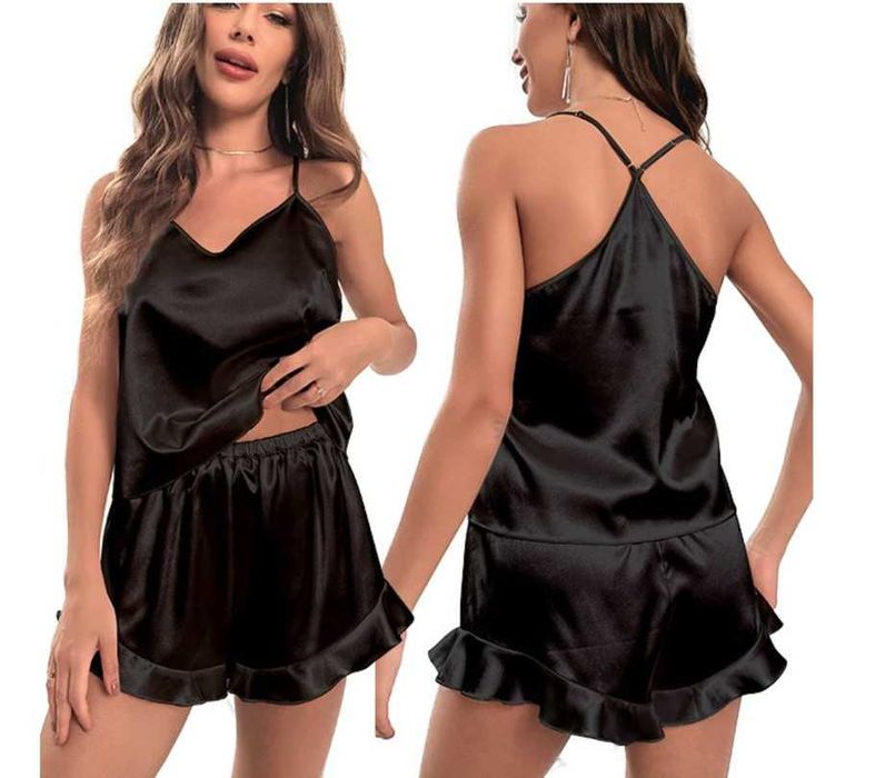 Czarna piżama damska satynowa dwuczęściowa spodenki top