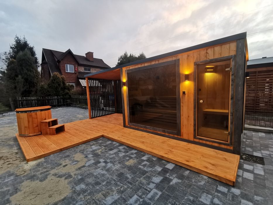 Sauna ogrodowa  premium 6,5m x 2m  Piec taras  miejsce na Jacuzzi