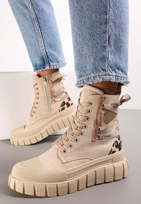 Damskie zamszowe botki na platformie beżowe panterka rozmiary