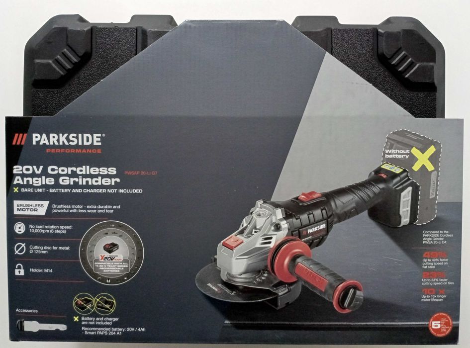 NOWA szlifierka kątowa 20V PARKSIDE PERFORMANCE PWSAP 20-Li G7