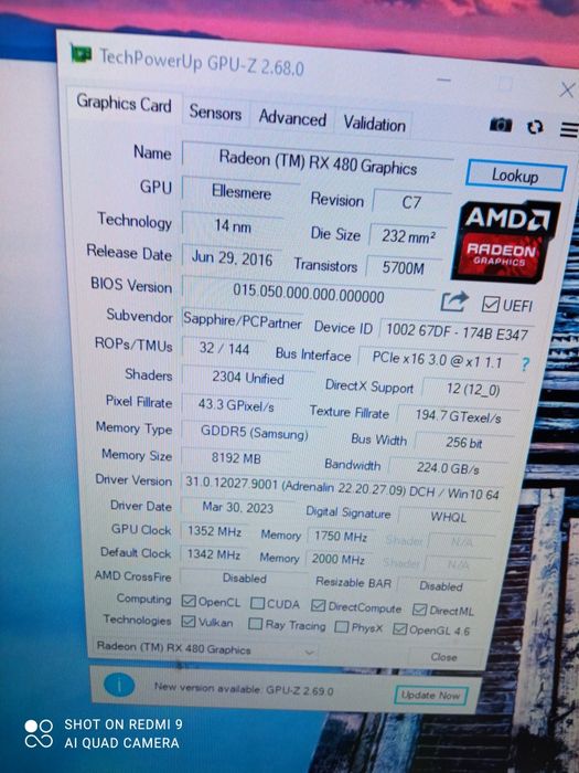 Видеокарта Sapphire Rx480 8gb