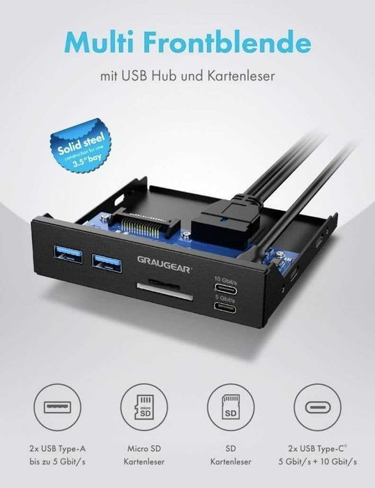 Czytnik kart SD + 2 × USB 3.0 + 2 × USB-C 5 + 10Gbps | Graugear PC