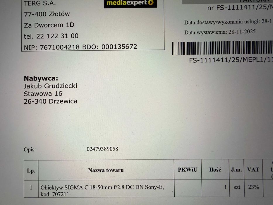 Sigma 18-50 F 2.8 + filtr CPL + 3 lata gwarancji