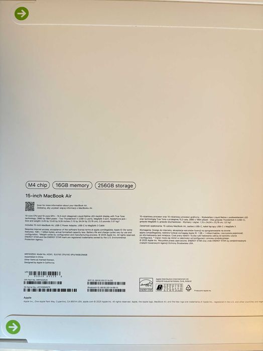 MacBook Air 15'' M4 16GB RAM 256GB nowy w opakowaniu