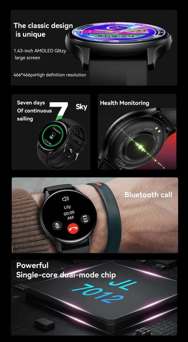 Smartwatch zegarek Amoled czarny Senbono Menu PL Rozmowy Bluetooth