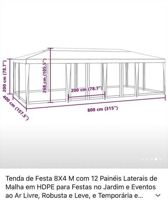 Tenda Nova para Eventos Casamentos Jardim 8Mx4Mx2,68M com 12 painéis laterais de malha em HPDE