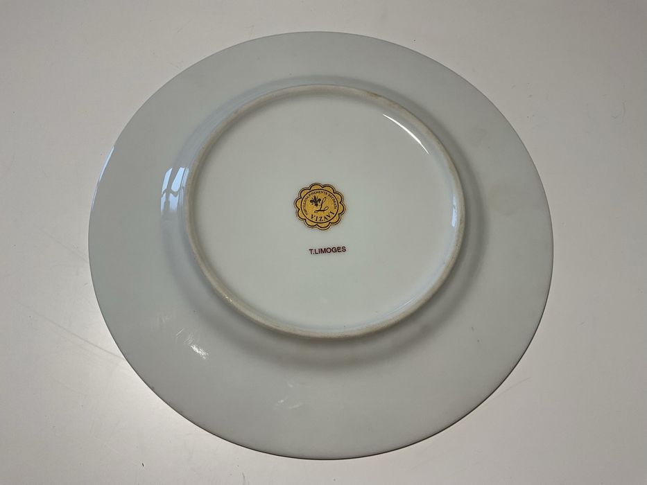 Prato decorativo em porcelana Limoges – floral clássico azul e dourado