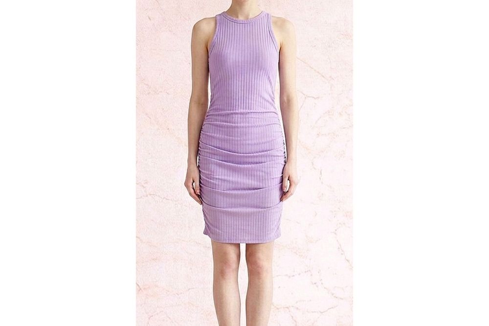 Fioletowa sukienka mini prążkowana z marszczeniem lilac XS ramiączka