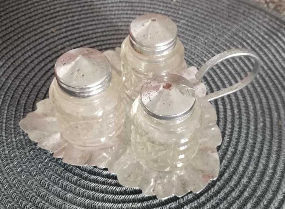 Galheteiro em vidro e metal prateado – completo - peças Vintage