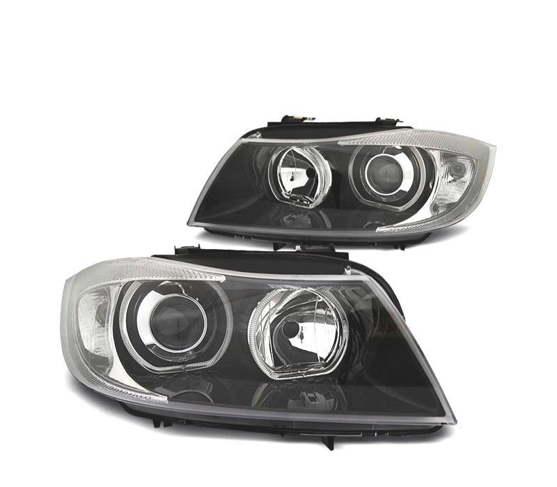 FARÓIS FRONTAIS BMW E90 E91 05-08 OLHOS DE ANJO LED CCFL FUNDO NEGRO