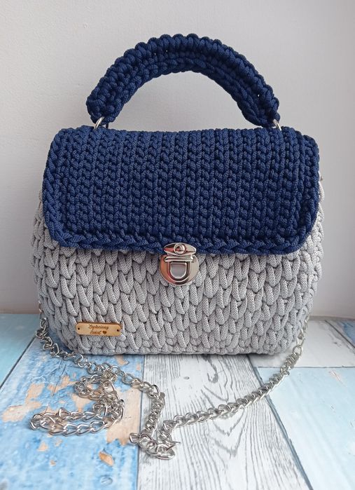 Piękna torebka szaro granatowa ze sznurka handmade