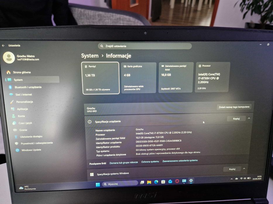 Laptop MSI MS 16R1 CORE I7 8750H 16GB RAM