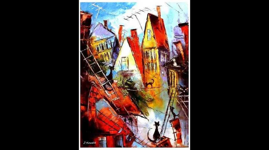 Kowalik - Kocie miasteczko VII - 50x40cm Obraz Olejny Abstrakcja Koty