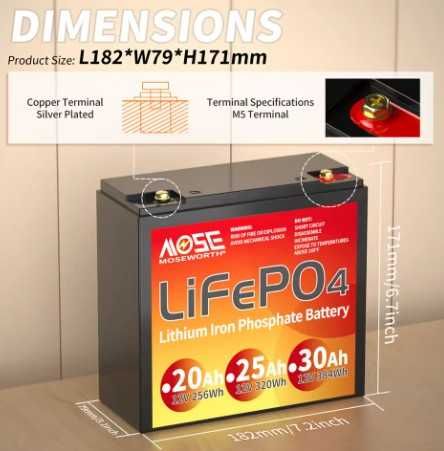 Bateria litio LifePO4 12Ah 25Ah 30Ah 50Ah 12V BMS, Bluetooth, GRADE A