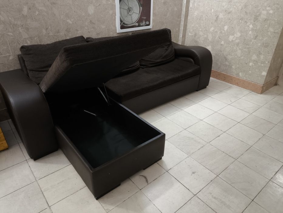 Sofá-Cama com Chaise Longue, Arrumação e Puff Extraível