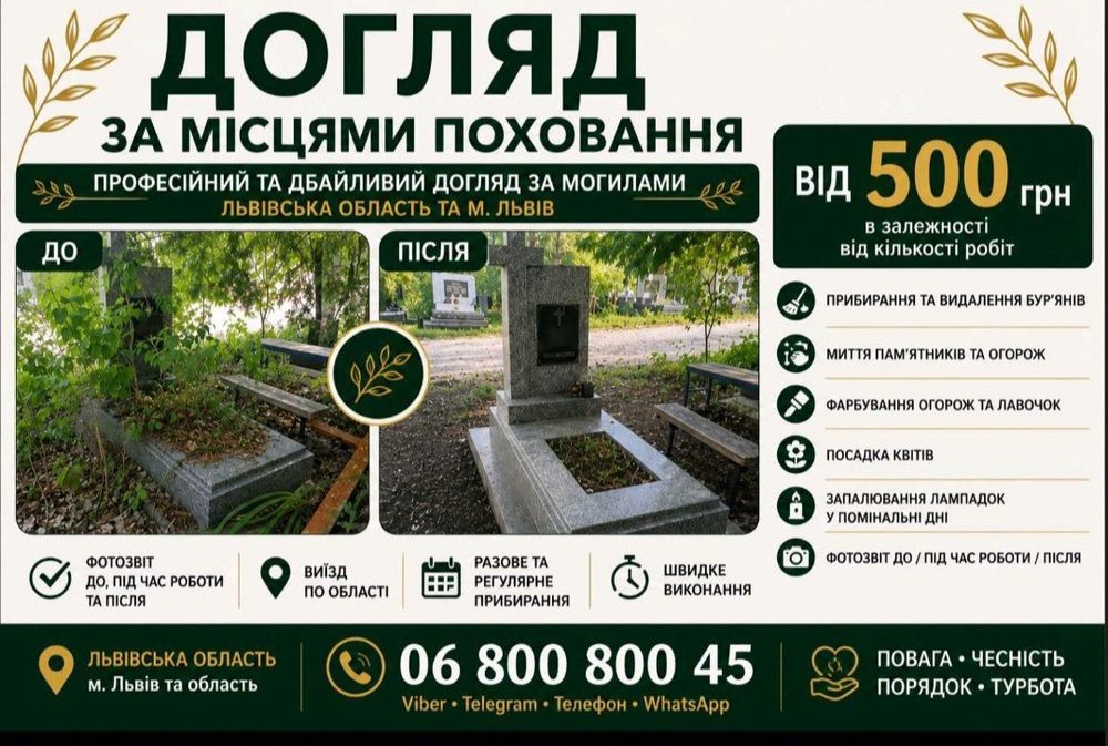 Прибирання могил, благоустрій поховання Львів/Львівська область