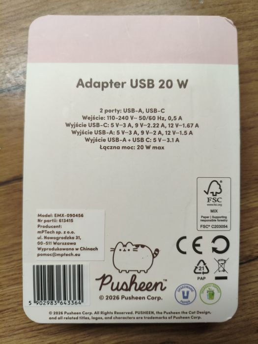 Zestaw Ładowarka i kabel do iPhone Pusheen różowa