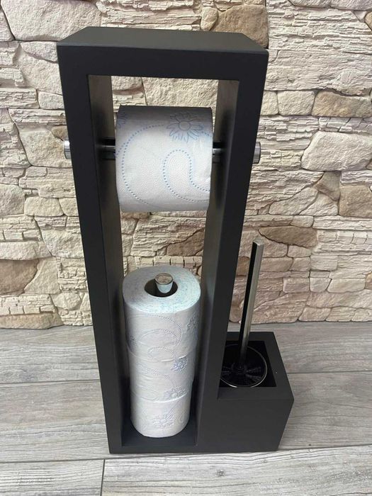 Stojak drewniany na papier toaletowy + szczotka WC czarny chrom KOLORY