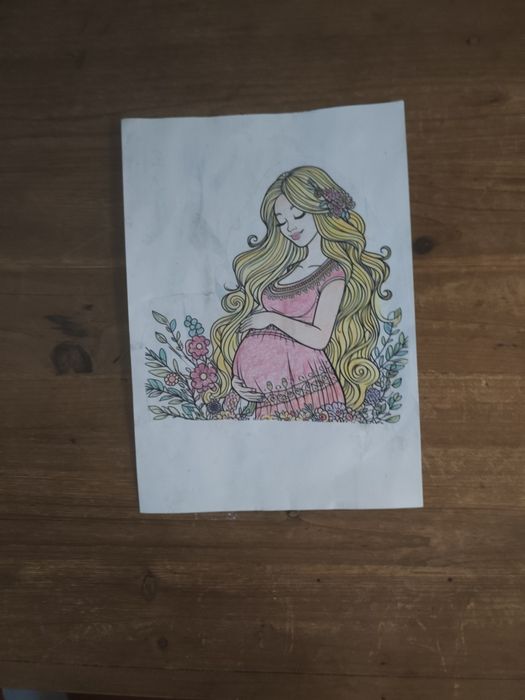 Menina grávida pintada a lápis de cor