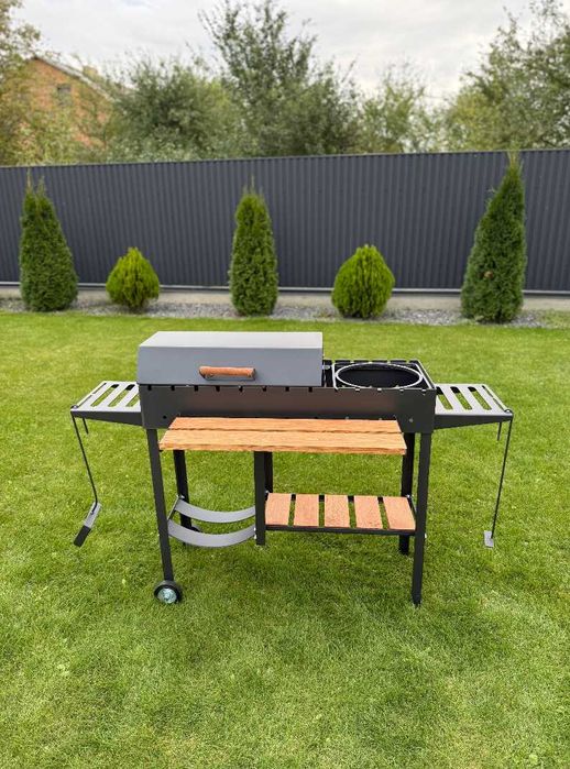 Мангал з кришкою для барбекю метал 5 мм на 13 шампурів з дрівницею