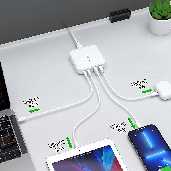 Szybka ładowarka sieciowa GaN Choetech PD8008, 100W 2x USB-A / 2x USB-